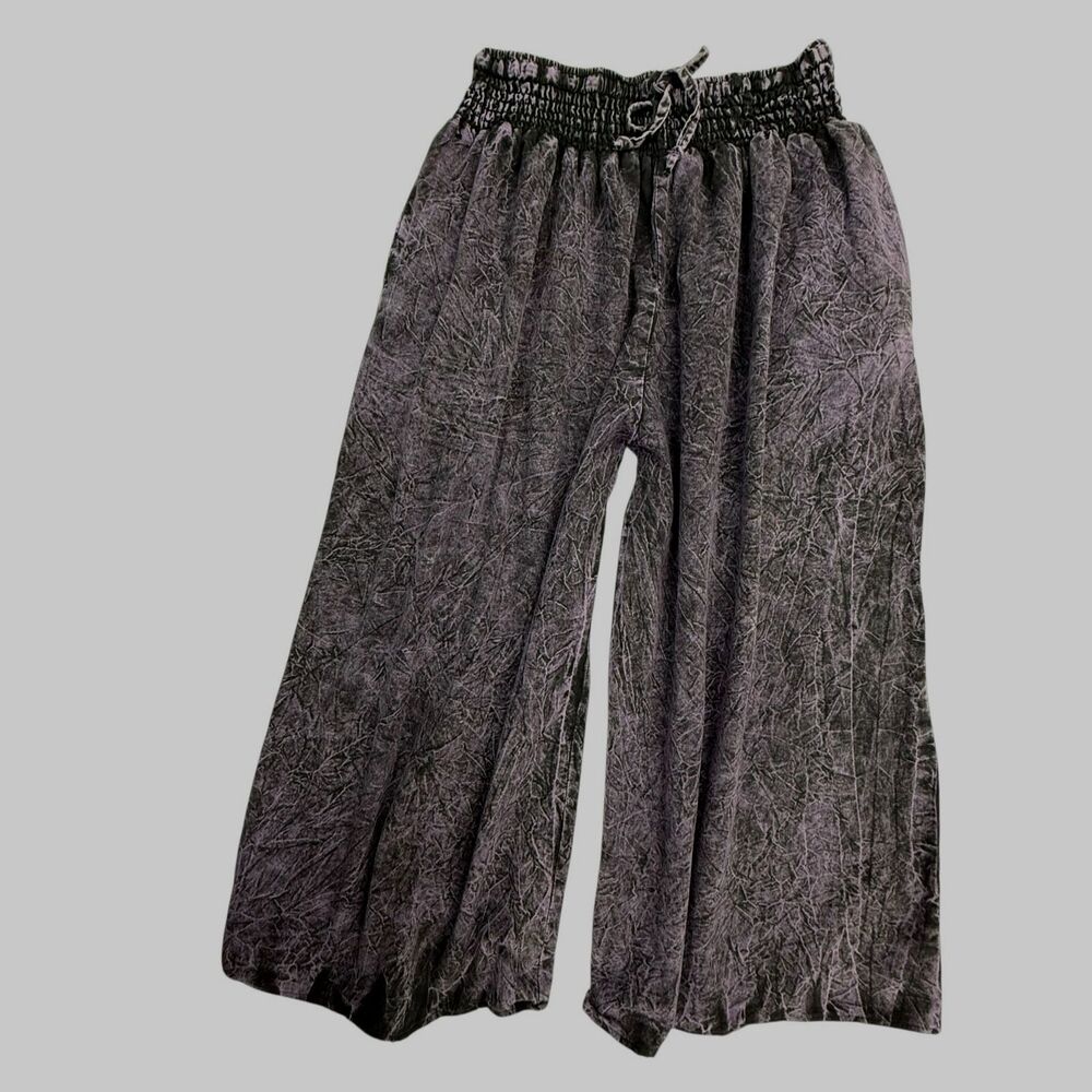 Black Yak Lagenlook Wide Leg Acid Wash Elastic Waist Pant Small Medium Purple